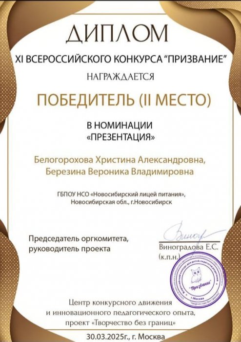 Серебро» в XI Всероссийском конкурсе "Призвание 2025